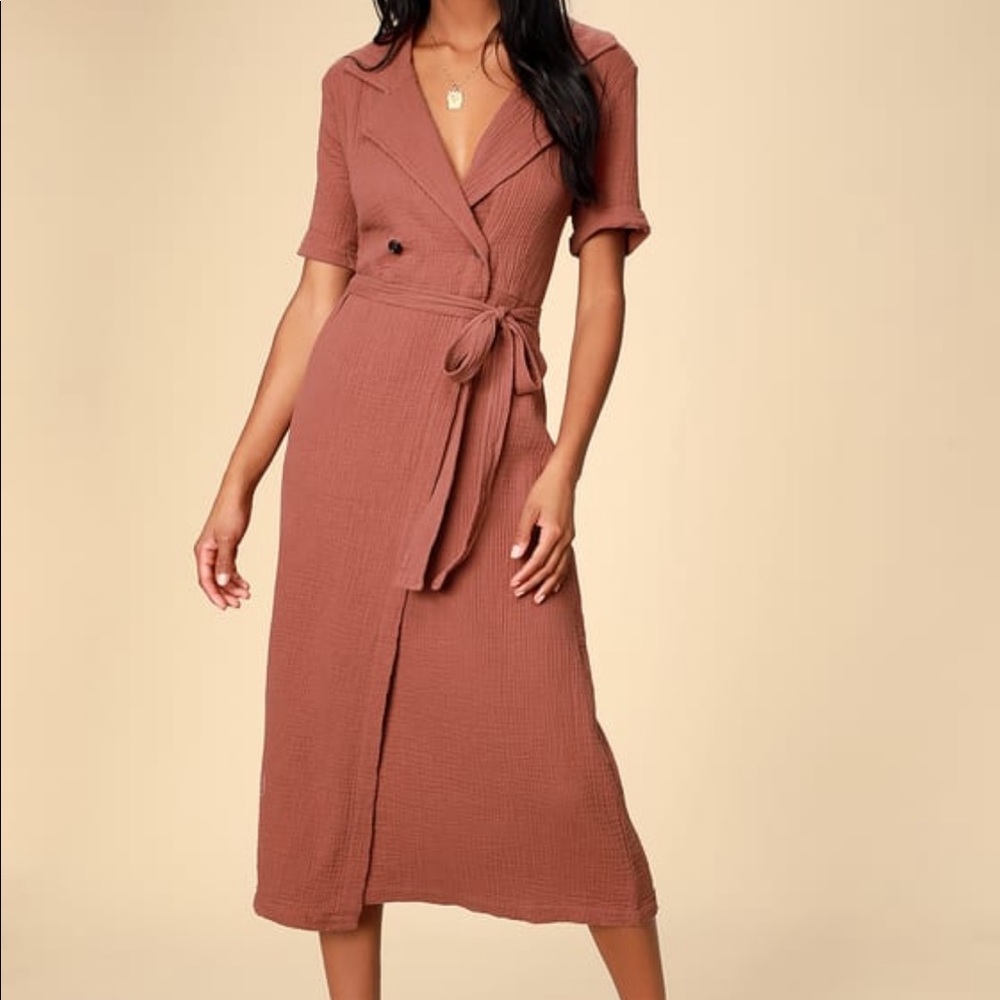 Rhythm Rusty Rose Short Sleeve Wrap Midi Dress